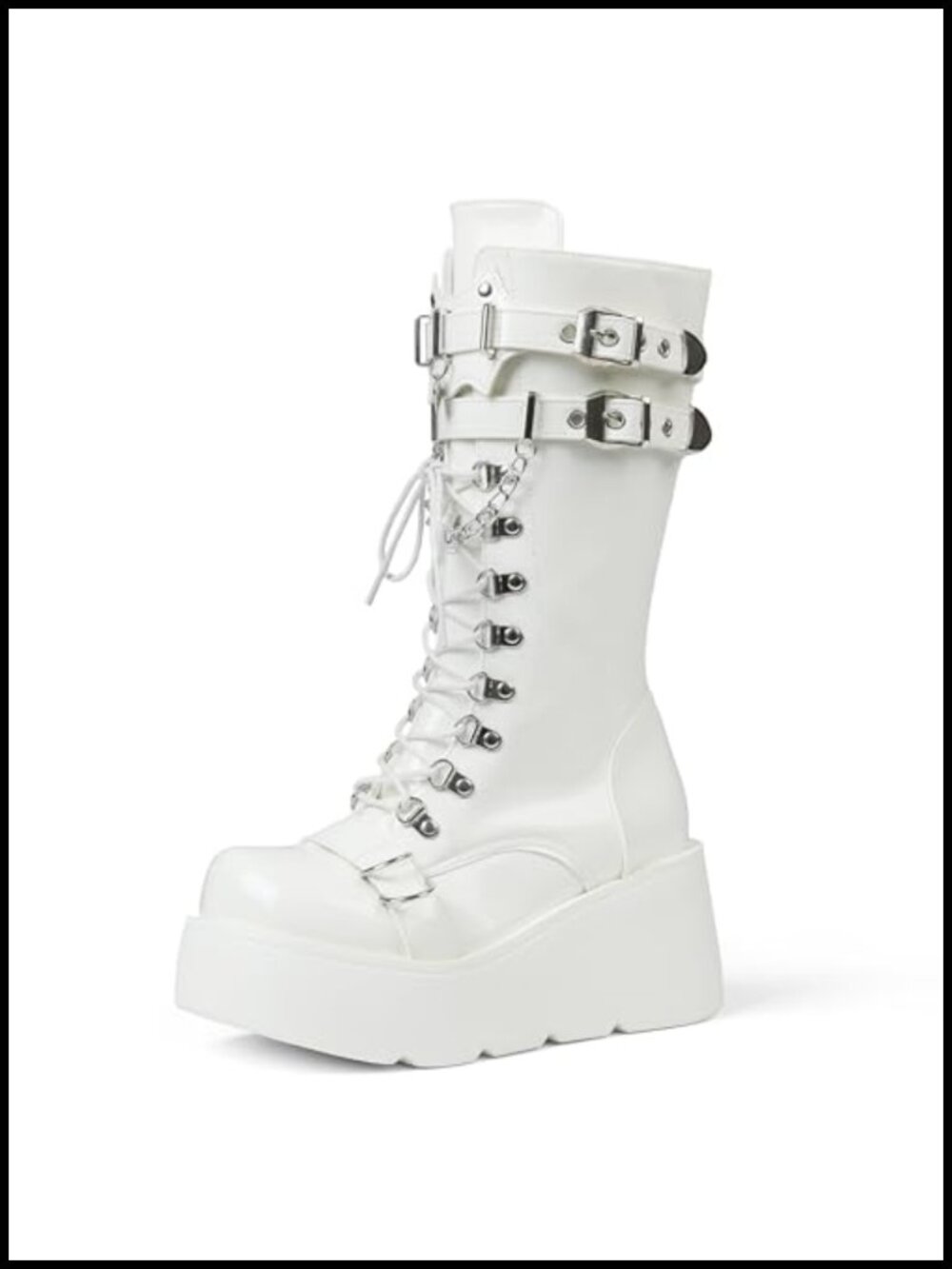 Chunky Wedge Platform Combat Boots Lace Up Mid Calf Motorcycle Shoes